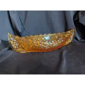 Vintage 12" long Fenton Amber DAISY & BUTTON Canoe Candy Trinket Dish 4.25" wide